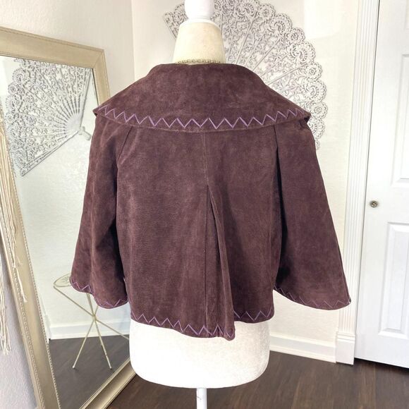 90s Whimsygoth Boho Floral Embroidered Bolero Suede Leather Cape Jacket 8 / M - Picture 5 of 7